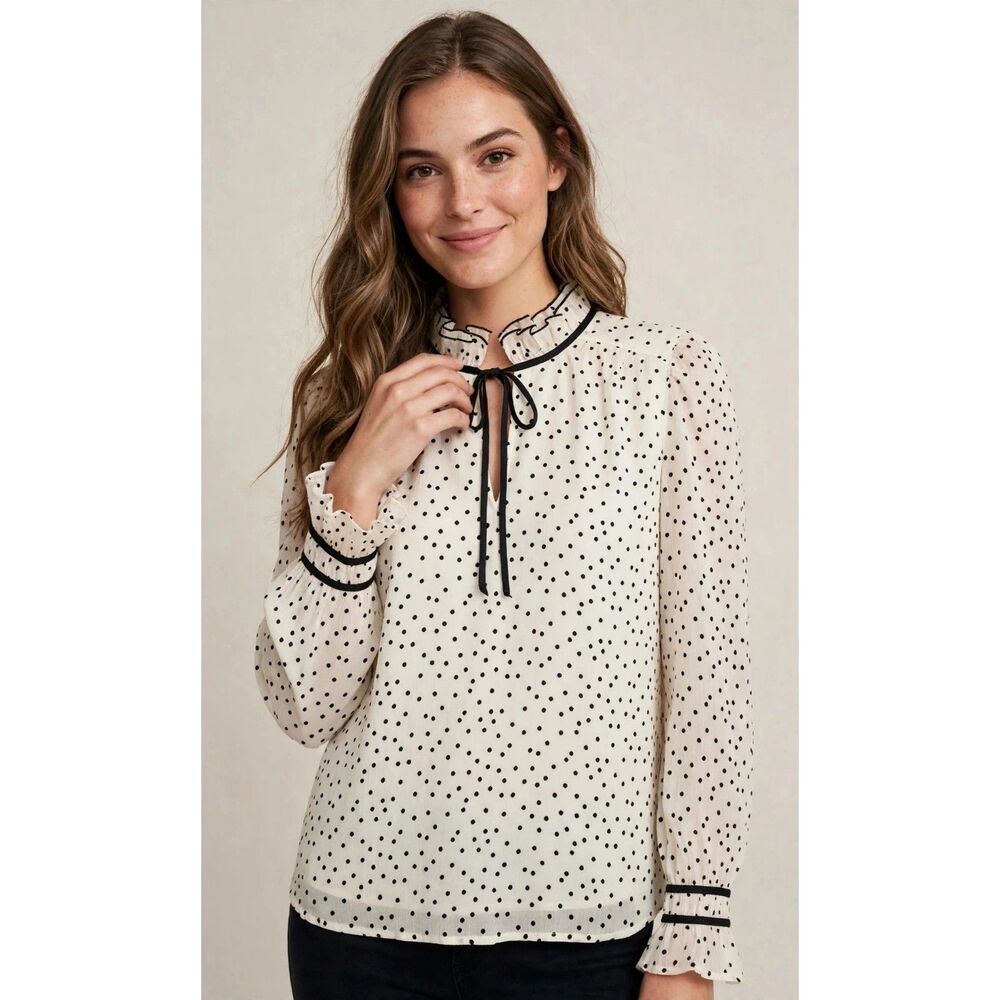 LOFT Petites MP Ivory Black Polka Dot Ruffle Tie Neck Long Sleeve Blouse FLAW - Picture 3 of 9